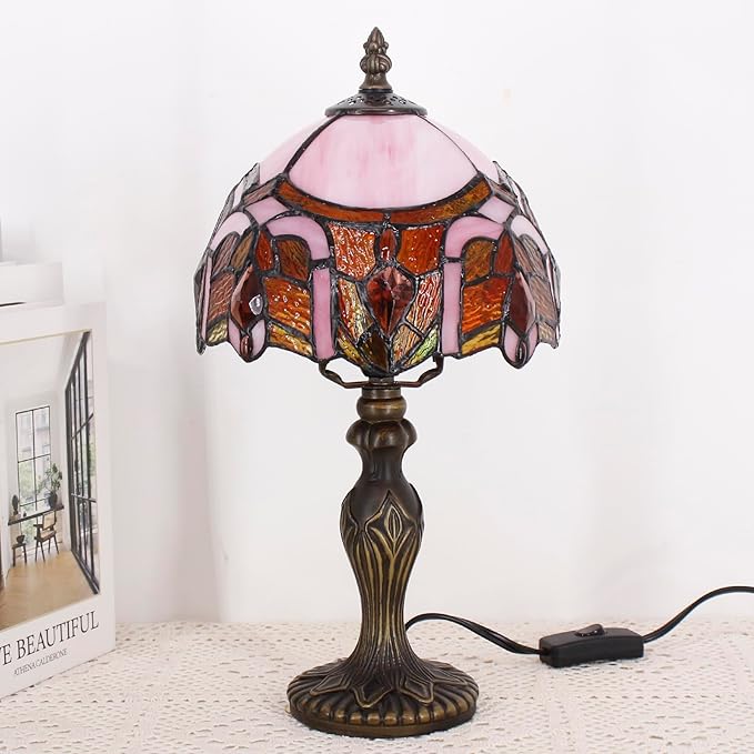 Small Tiffany Lamp Stained Glass Table Lamp Mini Desk Accent Light for Bedroom Bedside Reading Home Antique Style Decor 8X15 Inches (Pink Jewelry)