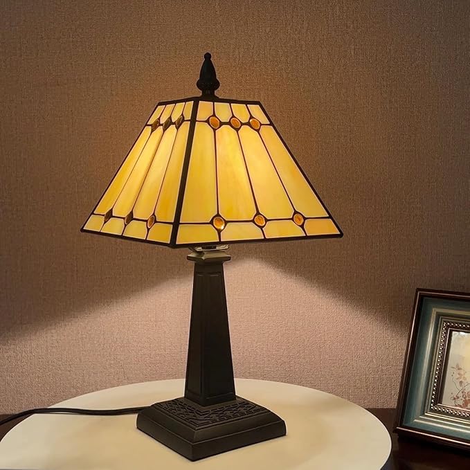 Tiffany Table Lamps Small Handmade Stained Glass Accent Table Light Mission Style Antique Desk Lamp for Bedroom Living Room Home Office