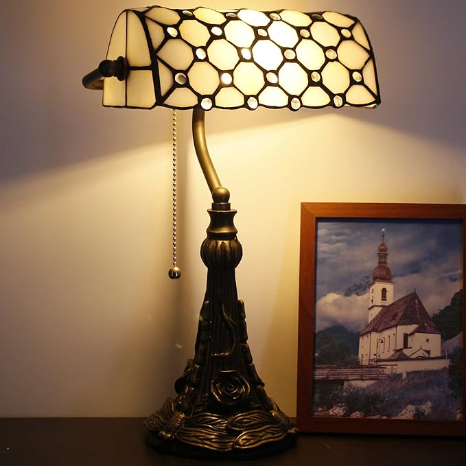 Tiffany Banker Lamp Small Stained Glass Table Lamp Tiffany Style Piano Light White Crystal Pearl Bead Style Desk Lamp Angle Adjustable 10.6X15.7 Inch for Home Office Living Room Bedroom
