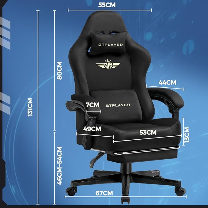 GTPLAYER Gaming Chair Fabric with Pocket Spring Cushion, Big and Tall Gamings Chairs 350LBS High Back Computer Chair with Footrest for Adults Lumbar Support Swivel Game Chair for Office Dark Black