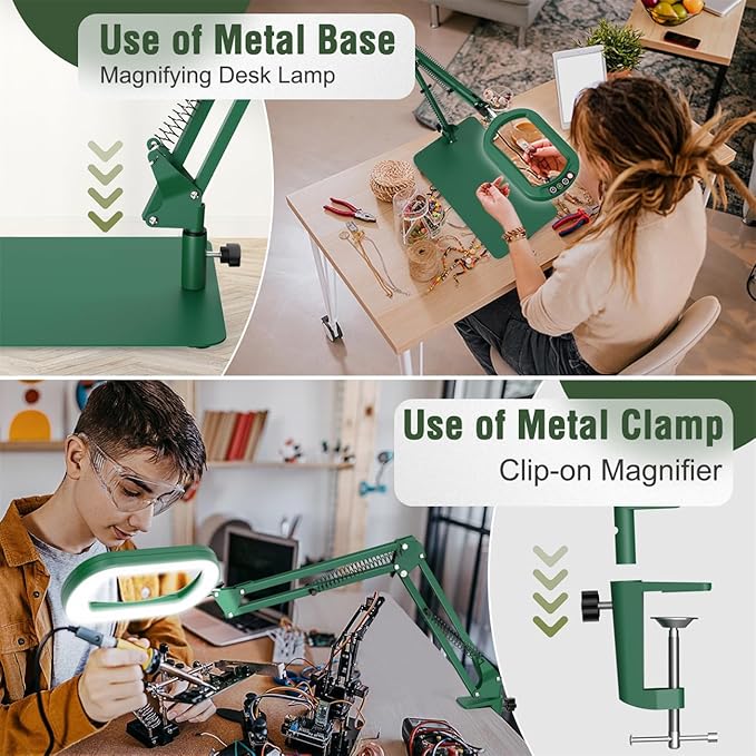 Veemagni 10X Rectangle Magnifying Glass with Light and Stand, 5 Color Modes Stepless Dimmable, 2-in-1 LED Lighted Desk Lamp & Clamp, Hands Free Magnifier for Reading Crafts Painting Close Work - Green