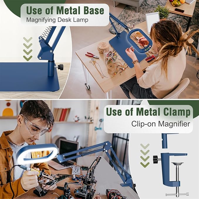Veemagni 10X Rectangle Magnifying Glass with Light and Stand, 5 Color Modes Stepless Dimmable, 2-in-1 LED Lighted Desk Lamp & Clamp, Hands Free Magnifier for Reading Crafts Painting Close Work - Blue
