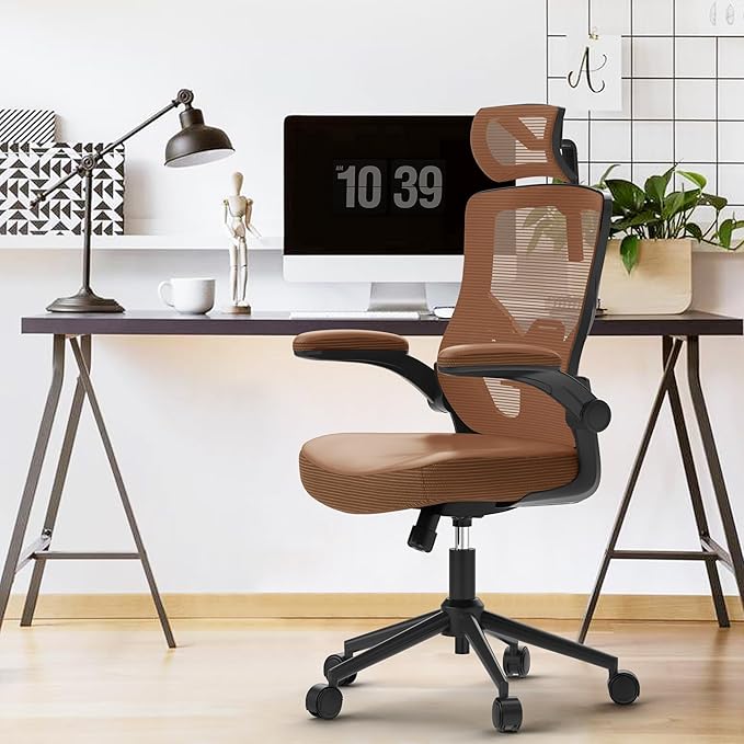 Home Office Chair, Ergonomic Comfy Desk Chair, High Back Computer Chair- Adjustable Headrest with Flip-Up Arms, Lumbar Support, Swivel Executive Task Chair (Mummy Brown, Modern)