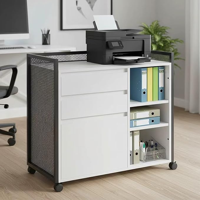 BELLEZE 3-Drawer Mobile File Cabinet Desk with Ultra-Fast USB Type A/C Outlet, Rolling Printer Stand with 2-Tier Open Shelves, Lateral Filing Cabinet for Home Office (Rider Desk - White)