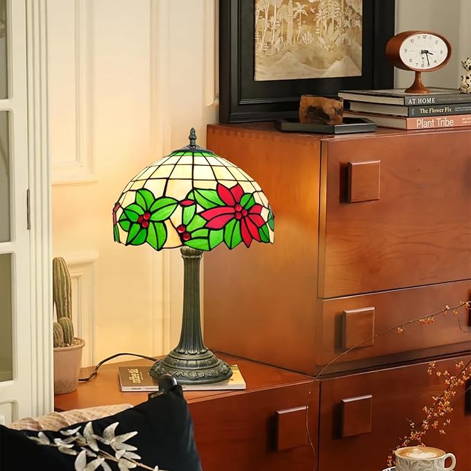 Tiffany Lamp Stained Glass Table Lamp 12 Inch Green Red Christmas Flower Warm Color Reading Lamp Suitable Shops Dormitories Home and Office Decoration Tiffany Style Retro Holiday Home Decoration Gift