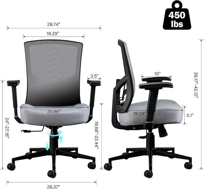 Blue Whale Big and Tall Office Chair 450lbs, Ergonomic High Back Computer Desk Chair for Heavy People with 2D Adjustable Waist Support and Heavy Duty Metal Base Mesh Chair