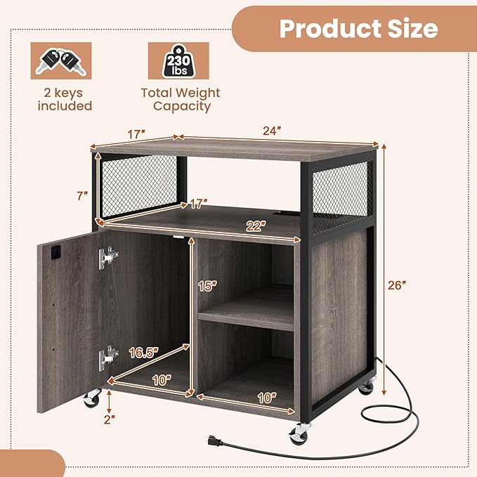 LOKO Rolling File Cabinet with Charging Station, Mobile Lateral Filing Cabinet with Lock, Adjustable Shelf, Metal Frame, Modern Printer Stand on Lockable Wheels for Home Office, Small Space (Grey)
