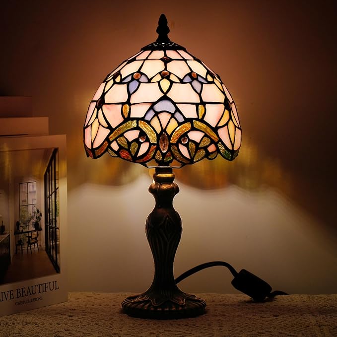 Small Tiffany Lamp Stained Glass Table Lamp Mini Desk Accent Light for Bedroom Bedside Reading Home Antique Style Decor 8X15 Inches (Pink Baroque)