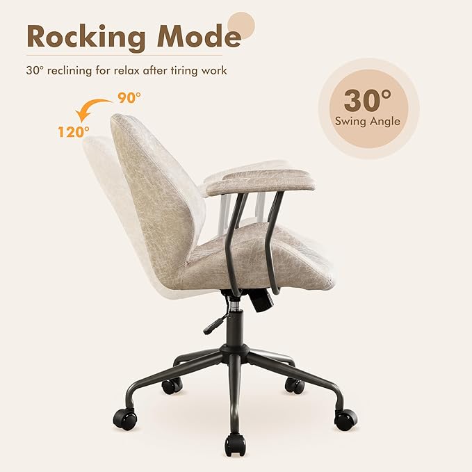 Mid Back Office Chair Mid Century Modern Executive Chair,Lumbar Support Ergonomic Home Office Desk Chair,Rolling Swivel Task Chair Task Chair Armrests Height Adjustable,350lbs (Beige)