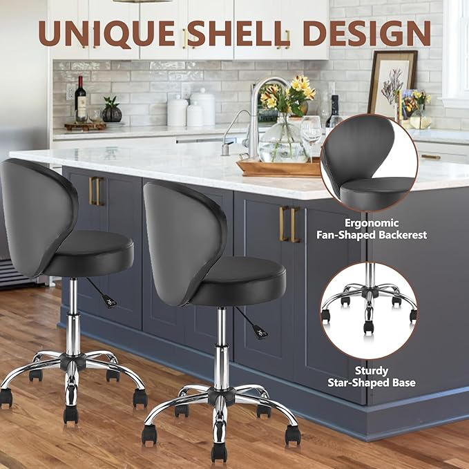 Pu Leather Round Rolling Swivel Salon Stool Chair, with Adjustable Height and Back Support for Office Massage Facial Spa Medical Drafting Tattoo Beauty Barber Black 4PK