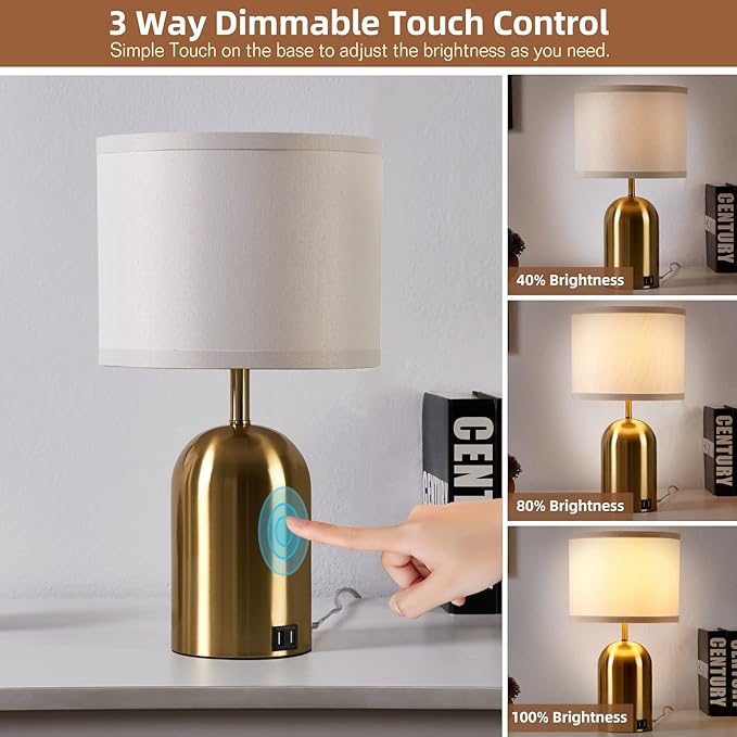GyroVu Touch Control Table Lamps Set of 2, Gold Bedside Table Lamps for Bedroom Living Room Office, Modern 3 Way Dimmable Desk Lamp for Nightstand with 2 USB Charging Ports, 2 Bulbs Included