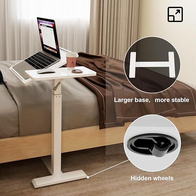 PUNCIA Height Adjustable Overbed Table with Pneumatic Lift and Wheels Split Top Tilting Tray and Rolling Laptop Desk – Bedside Cart for Reading Computer Work Study in Bedroom and Home Office