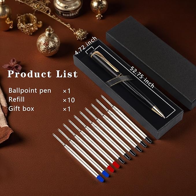 Luxury Ballpoint Pens, Retractable Metal Pen with 10 Refills (Black, Blue, Red) for Smooth Writing - Executive Office Desk Accessories, Ideal Gifts for Professionals, Teachers