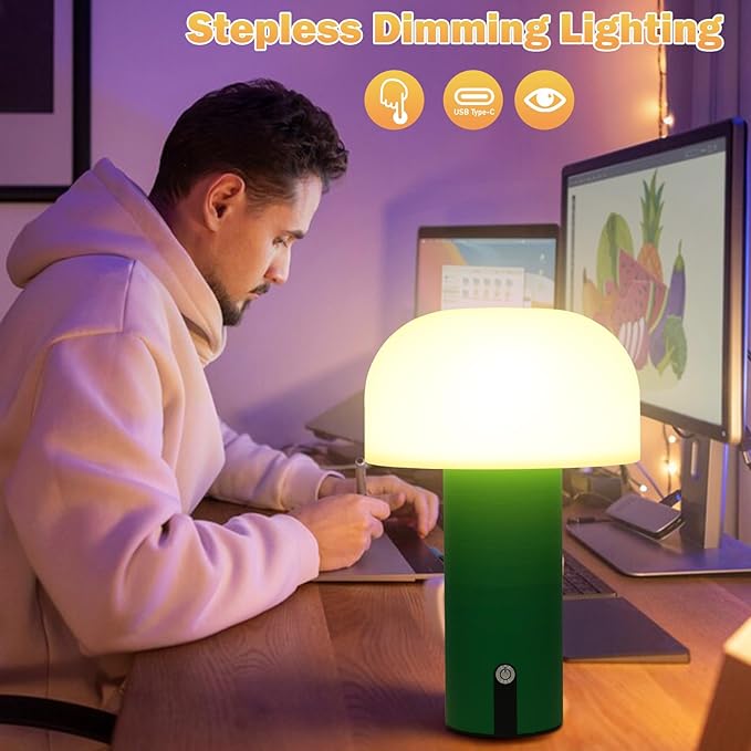 Outdoor Mushroom Rechargeable Table Lamp 9" Small Table Lamp 4000mAh Battery Waterproof Table Lamp Touch Control Stepless Lighting Bedside Table Lamps Night Lights for Bedroom Patio Home Decor