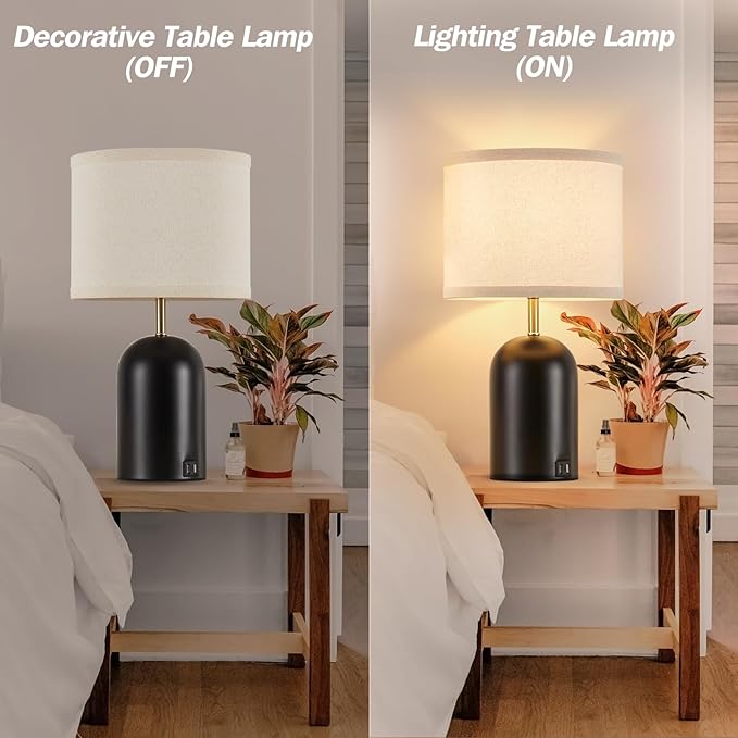 Touch Control Table Lamps Set of 2, Modern Bedside Lamp with 2 USB Ports, 3-Way Dimmable Gold and Black Nightstand Lamp with Fabric Shade for Living Room Bedroom Office Dorm(LED Bulbs Included)