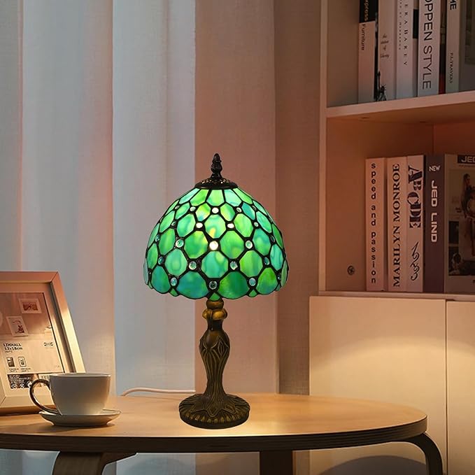 Tiffany Style Small Table Lamp,Green Beads Stained Glass 3 Color Temperature Antique Table Lamps,Bedside Nightstand Lamp for Bedroom,Living Room,Home Office, Include LED Bulb,8X8X15Inch
