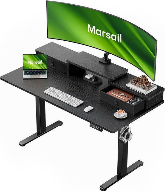 Marsail Electric Standing Desk with Drawers, 55″ x 28″ Height Adjustable Sit Stand Up Desk with Storage Shelf, Ergonomic Home Office & Computer Table with 4 Memory Heights, Black