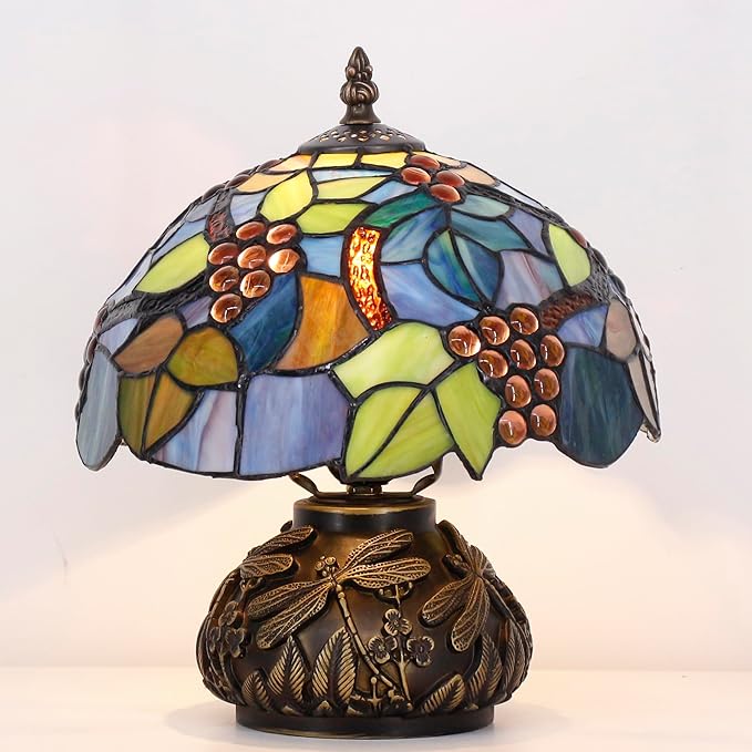 Small Tiffany Table Lamp Amber Grapes Style Glass Desk Lamp 10X11.5 Inch Mushroom Table Light for Office Home Living Room Bedroom