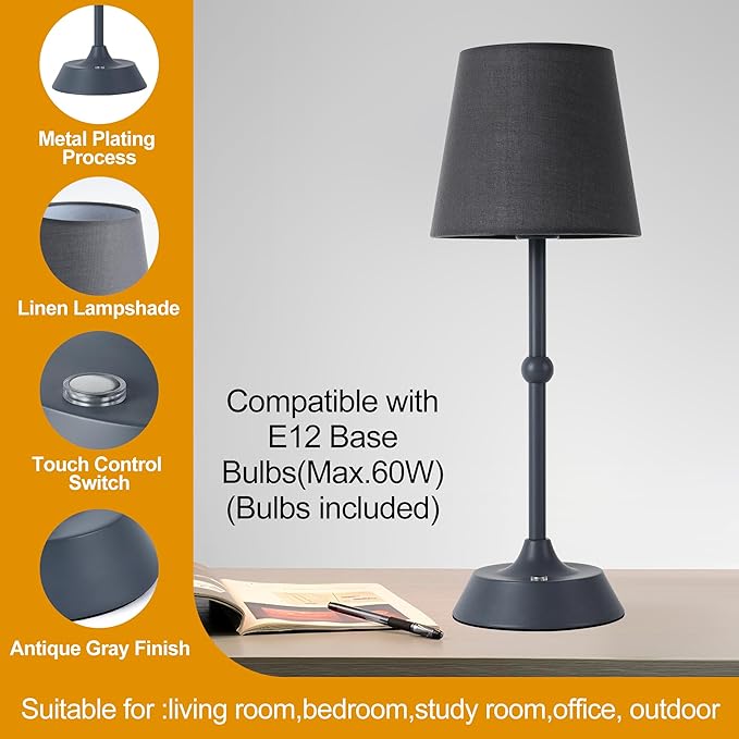 LED Cordless Grey Table Lamp Portable Dimmable Desk Lamp 6000mA Battery Powered Touch Control Table Lamp Dining Room,Bedroom,Bar,Camping,Balcony.