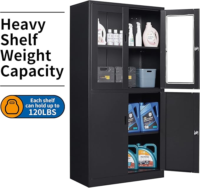 STANI Black Metal Cabinet, Locking Steel Storage with Shelves, Tall Metal Utility Cabinet 2 Doors, Lockable Steel Cabinets for Home Office (4 Doors, Black)