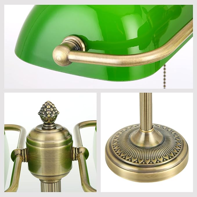 Newrays Glass Bankers Desk Lamp with Pull Chain Switch Plug in Fixture (Green-2L, Classic)