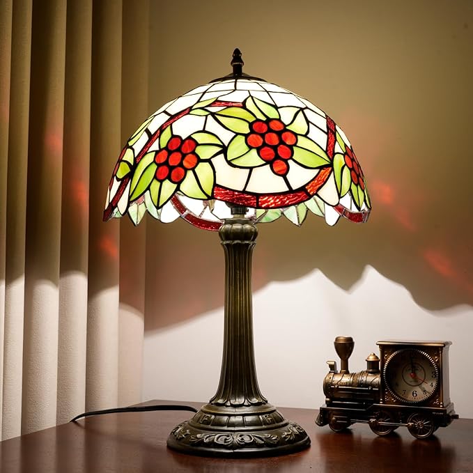 Tiffany Lamp Stained Glass Table Lamp 12 Inch Green Leaves Red Grapes Retro Art Nouveau Bedside Lamp for Living Room Bedroom Study Office Coffee Shop Cafe Home Decor Vintage Tiffany Style Lamp Gift