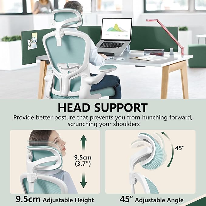 FelixKing Ergonomic Office Chair with Adjustable High Back, Breathable Mesh, Lumbar Support, Flip-up Armrests, Executive Rolling Swivel Comfy Task Computer Chair for Home Office (Light Blue)