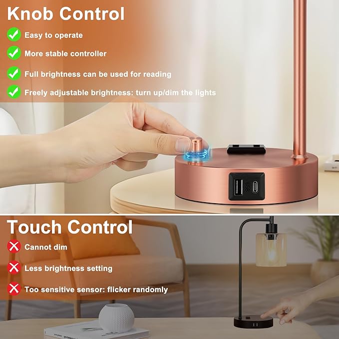 Innqoo Industrial Table Lamps for Bedrooms Set of 2 - Fully Dimmable Bedside Lamps with USB Ports and Outlet, Copper Nightstand Lamps with Glass Shade for Living Room, Desk Lamps for Office Reading