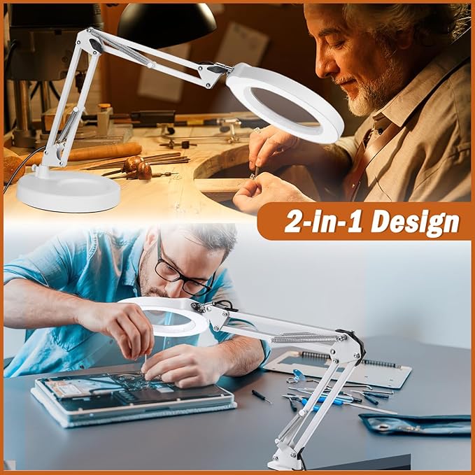 Veemagni 10X Magnifying Glass with Light, 5 Color Modes Stepless Dimmable 2-in-1 Desk Lamp and Clamp, LED Lighted Magnifier with Light and Stand, Hands Free for Craft Hobby Painting Close Work - White