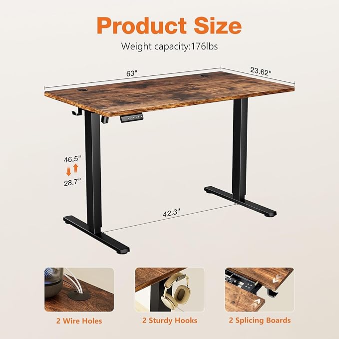 Sweetcrispy Standing Desk Adjustable Height, 63inch Electric Sit Stand up Desk for Home Office, Modern Rising Work Table for Computer Laptop, Lift Gaming Desk Sturdy Ergonomic Workstation, Rust Brown