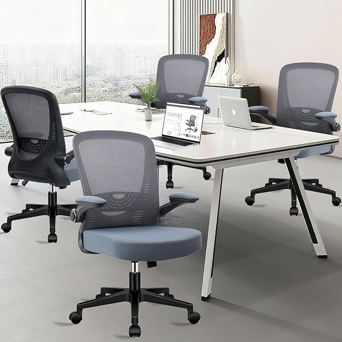CLATINA Desk Chairs with Wheels, Ergonomic Rolling Mesh Office Chair Adjustable Height and Lumbar Support Home Office Computer Chair with Flip Up Armrests, Grey 2PK