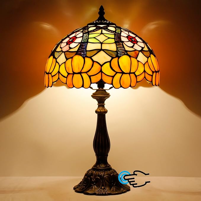 Tiffany Lamp Touch Control Table Lamp Orange Flower Style Stained Glass Desk Lamp 12X12X19 Inches Reading Light
