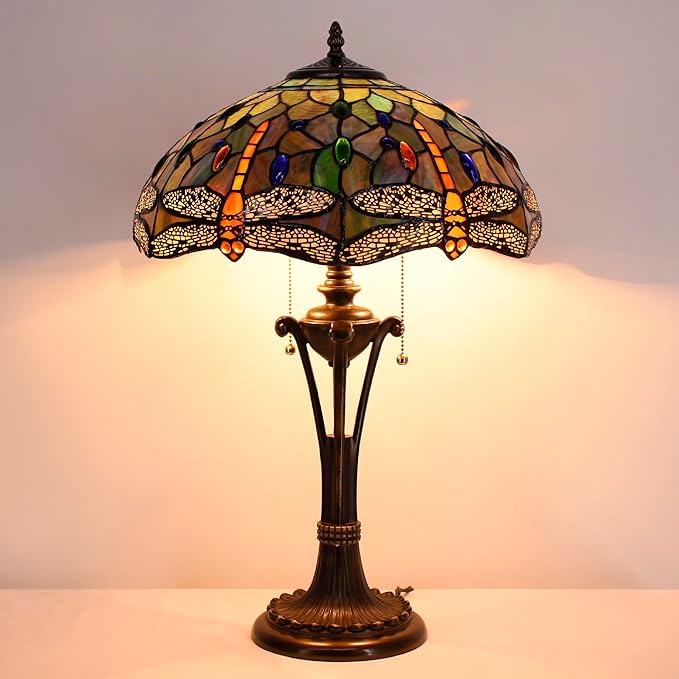 Tiffany Table Lamp Brown Yellow Stained Glass Desk Lamp 16X16X24 Inches Dragonfly Style Reading Light
