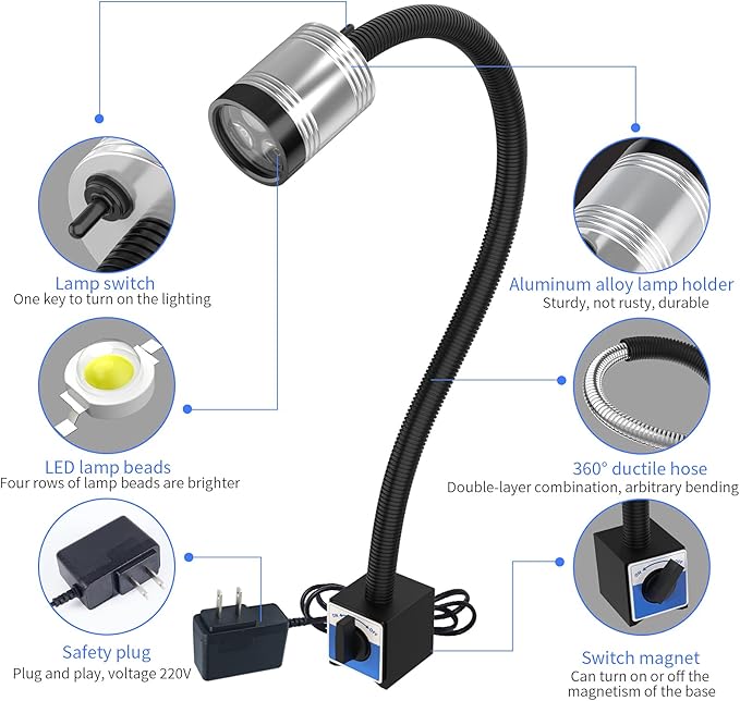 Magnetic Light, Led Machine Light, Magnetic Gooseneck Work Light 900 Lumens 120 Volt IP66 Water Proof Lamp for Machine Tools Lathe Milling Drill Press Industrial Workbench Lighting