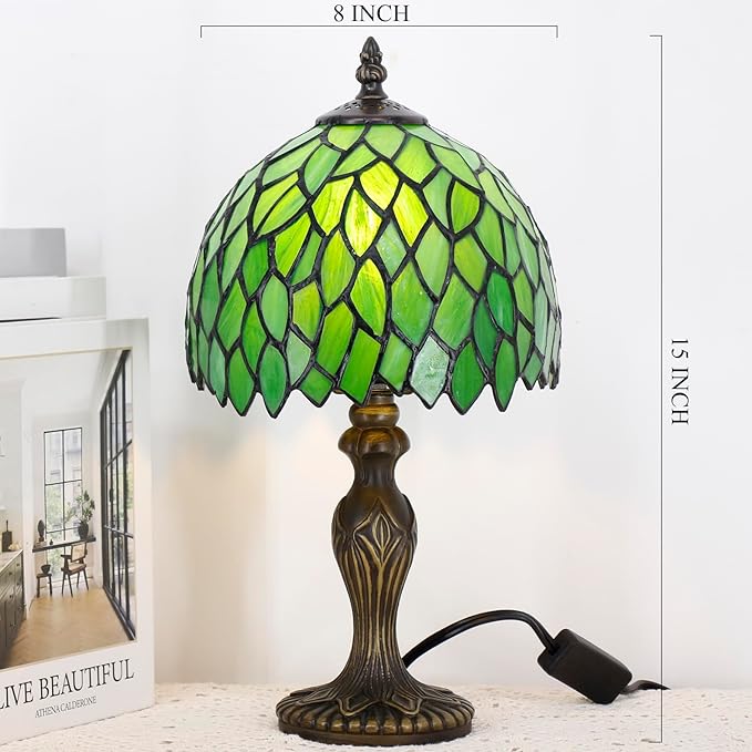Small Tiffany Lamp Stained Glass Table Lamp Mini Desk Accent Light for Bedroom Bedside Reading Home Antique Style Decor 8X15 Inches (Green Wisteria)