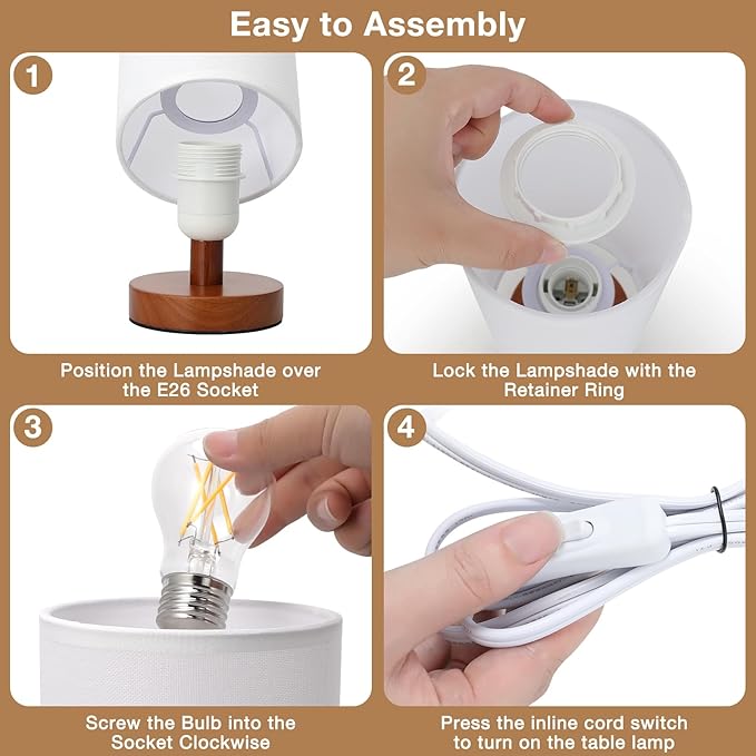 Small Table Lamp for Bedroom - Inline Control, Bedside Lamp with 3000K A15 LED Blub, Easy Assembly (White Shade - Walnut Base, 9" Inline Control)