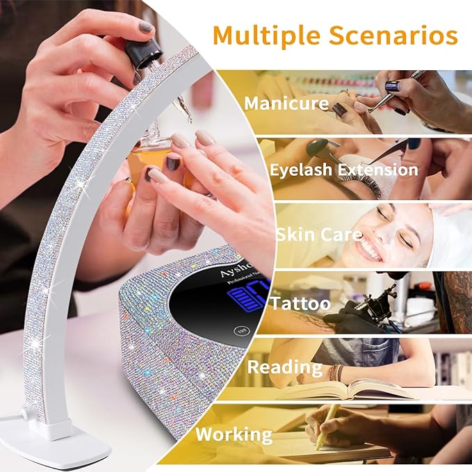 Half Moon Light for Nail Desk,29In Half Moon Lamp with Phone Holder,3000-6000K Nail Lamp Perfect LED Machine Light for Table (AB Diamond)
