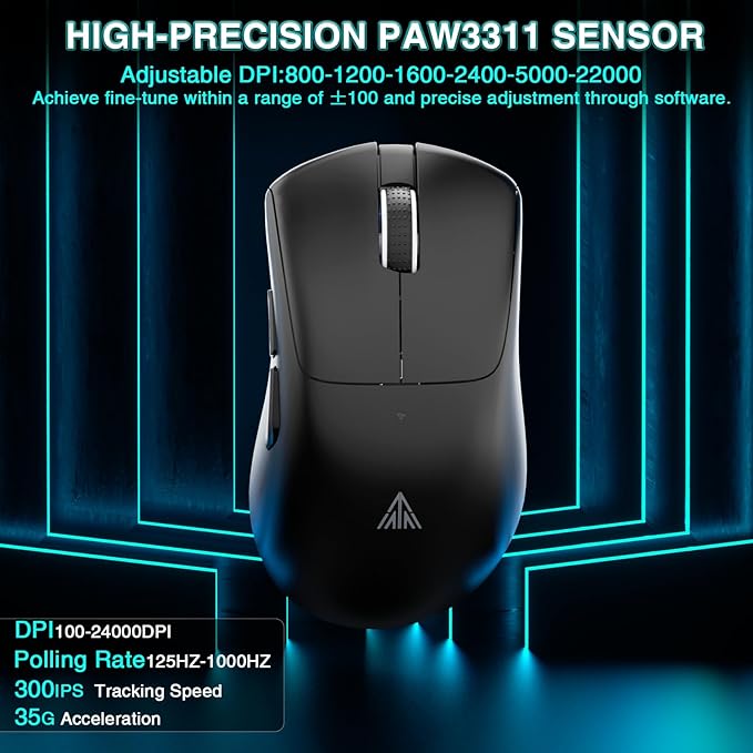 SOLAKAKA SM805 Lightweight Wireless Gaming Mouse,24000 DPI,Tri-Modes Connection,BT5.0/Type-C Wired/2.4G Wireless Mouse Gaming with 2 Side Buttons, Engineering Grip Custom Mouse for Gamer,Black