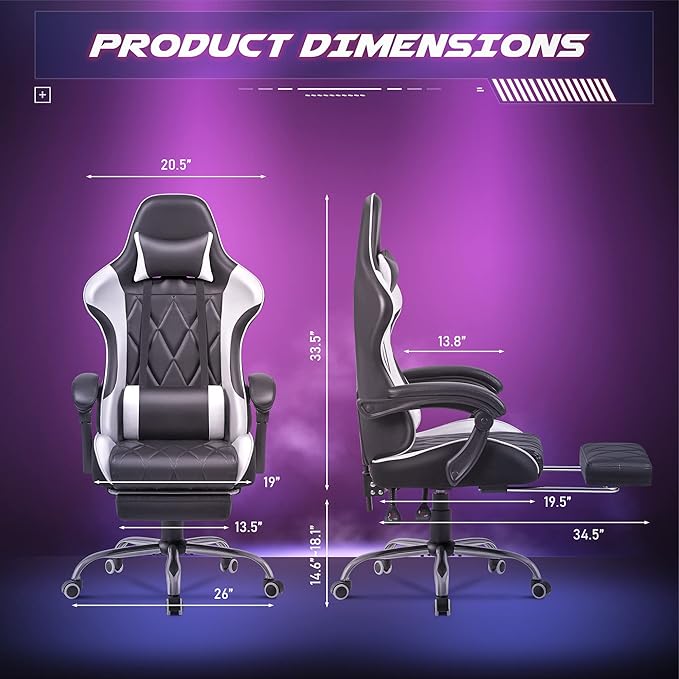 Homall Gaming Chair, Computer Chair with Footrest and Massage Lumbar Support, Ergonomic High Back Video Game Chair with Swivel Seat and Headrest (White)