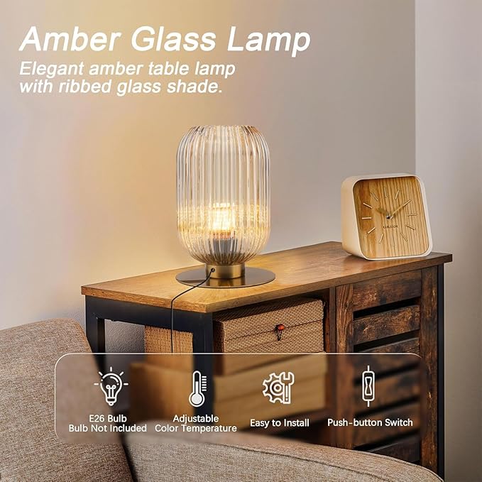 Table Lamp for Bedroom Nightstand Set of 2, Midcentury Modern Table Lamp Living Room Small End Table lamp, Amber Glass Bedside Lamp Gold Bedside Lamp with On/Off Switch on Plug in Cord