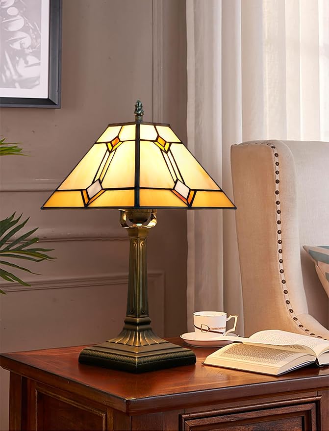 Tiffany Table Lamp Mission Style Stained Glass Table Light Yellow Antique Desk Lamp Vintage Beside Reading Lamp for Home Living Room Bedroom Office