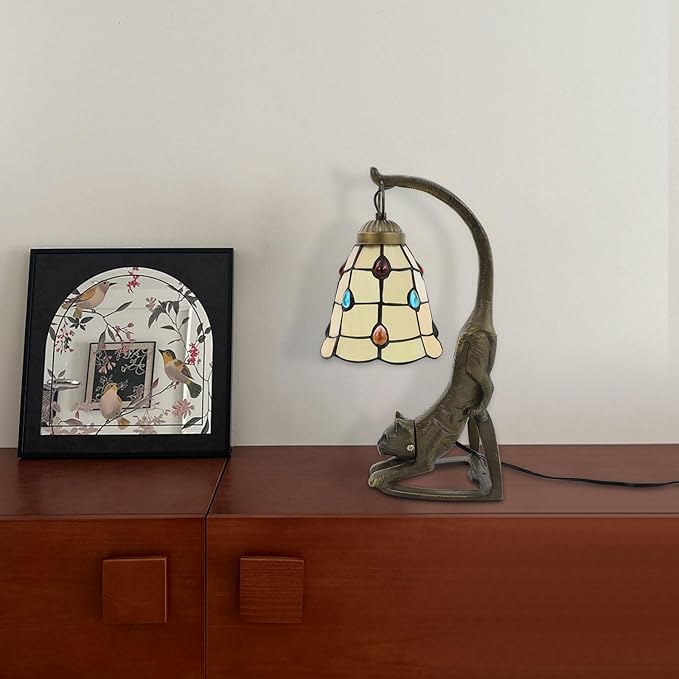Tiffany Style Table Lamp, Stained Glass Bedside Nightstand Lamps with Cat Base, Vintage Antique Small Desk Light for Bedroom Living Room Home Office Reading Decoration, 5.9x15.74in (Style 2)