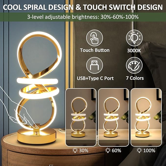 RGB Spiral Table Lamp, Modern LED Table Lamp, Chrome Cool Bedside Lamps, 7 Colors & 10 Light Modes Touch Dimmable LED Nightstand Lamp with USB/Type C for Bedroom, Living Room, Gold