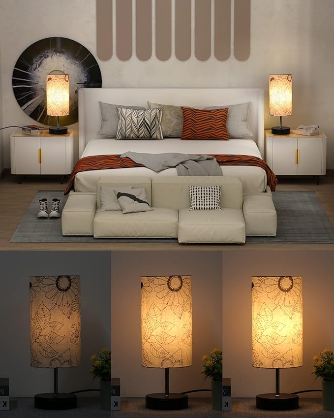 Touch Bedside Table Lamp with Bedroom, 3 Way Dimmable Desk lamp USB C Charging Ports and AC Outlet, Nightstand Lamp with Round Flower Fabric Shade for Living Room, Home Office