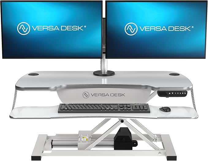 VERSADESK® PowerPro™ Elite 36” x 24" – App Controlled Electric Standing Desk Converter w/USB Charging Port. Raises up to 20”. Fully Assembled – Includes LED Lights. Supports 80 lbs. – White