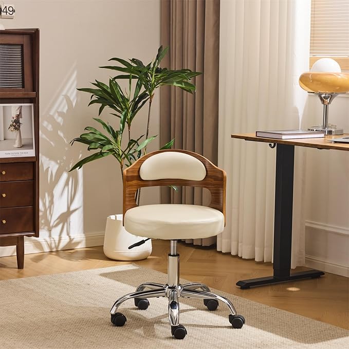 VINGLI Armless Home Office Desk Chair, Adjustable Swivel Chair,Dual-Use with/no Wheels,Small Retro Designed Walnut Curved Task Chair,Cushioned Nail Tech Chair for Study Area,Workspace,PU,Ivory White