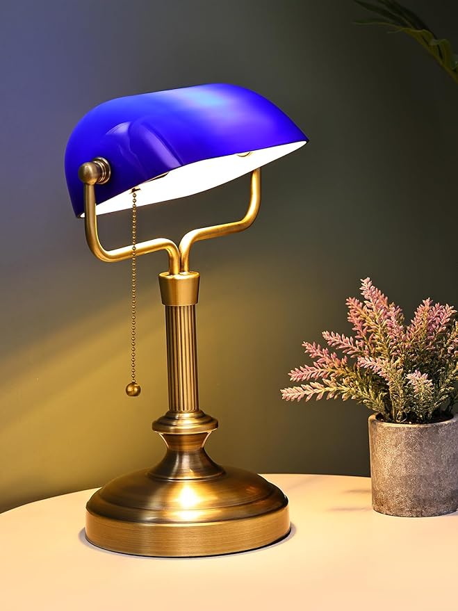 Traditional Banker's Desk Lamp with Glass Shade,Pull Chain Switch, LED Bulb Included (Antique Brass+Blue)