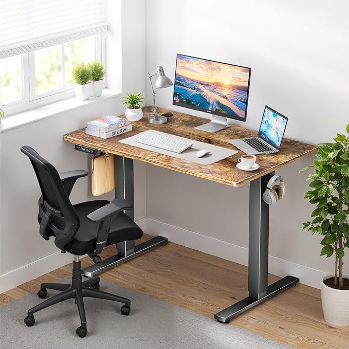 40 x 24 in Electric Standing Desk - Memory Height Adjustable Ergonomic Sit-to-Stand Rising Computer Table Gaming Workstations with 2 Hooks and Wire Hole for Home Office, Brown