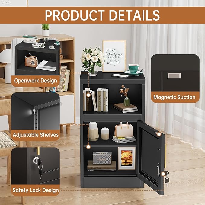 Metal Black Nightstand with Lockable, 27.56" Small End Table Storage Cabinet with Door and Adjustable Shelf, Versatile Side Table for Bedroom, Living Room or Office (Black)