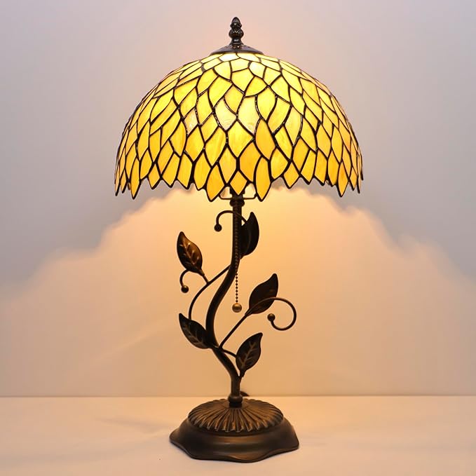 Tiffany Lamp Stained Glass Table Lamp Desk Bedside Reading Light 12X12X19 Inches with Metal Leaf Base(Yellow Wisteria)